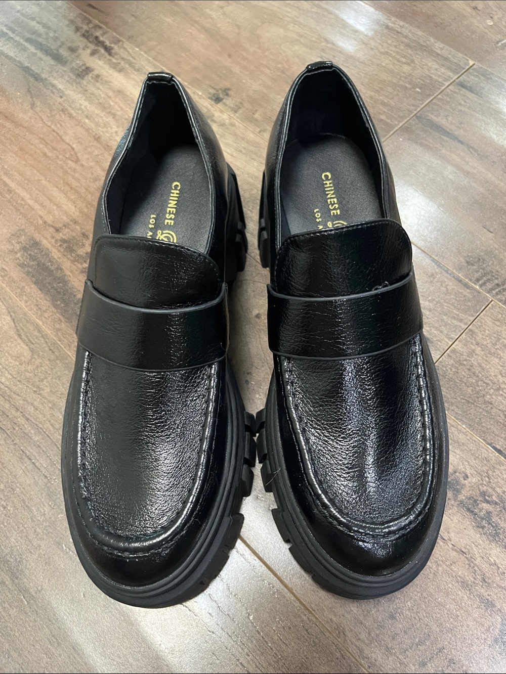 Chinese Laundry Black Lug Sole Penny Loafers